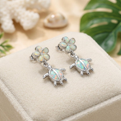 Hawaiian Sea Turtle Plumeria Opal Stone Stud Earrings - 925 Sterling Silver