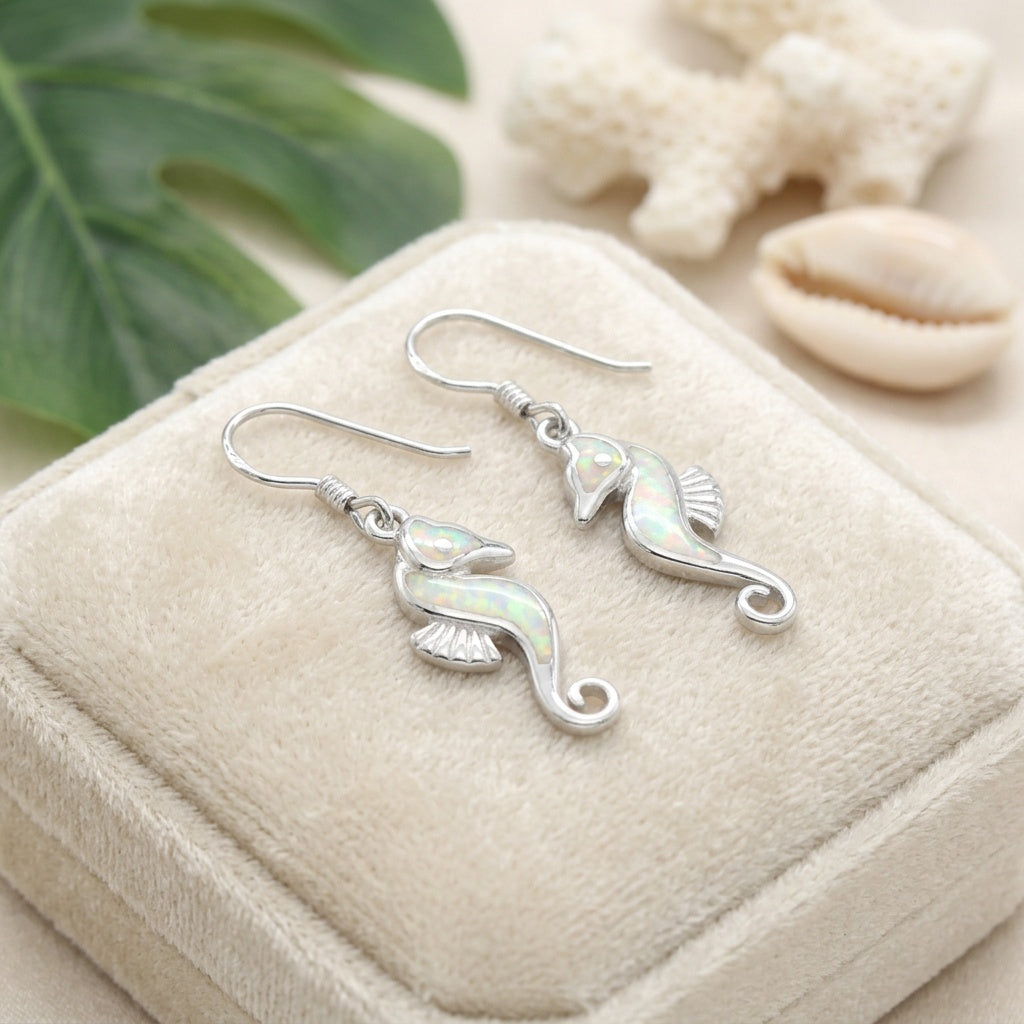 Hawaiian Seahorse Ocean Opal Stone Dangle Earrings - 925 Sterling Silver