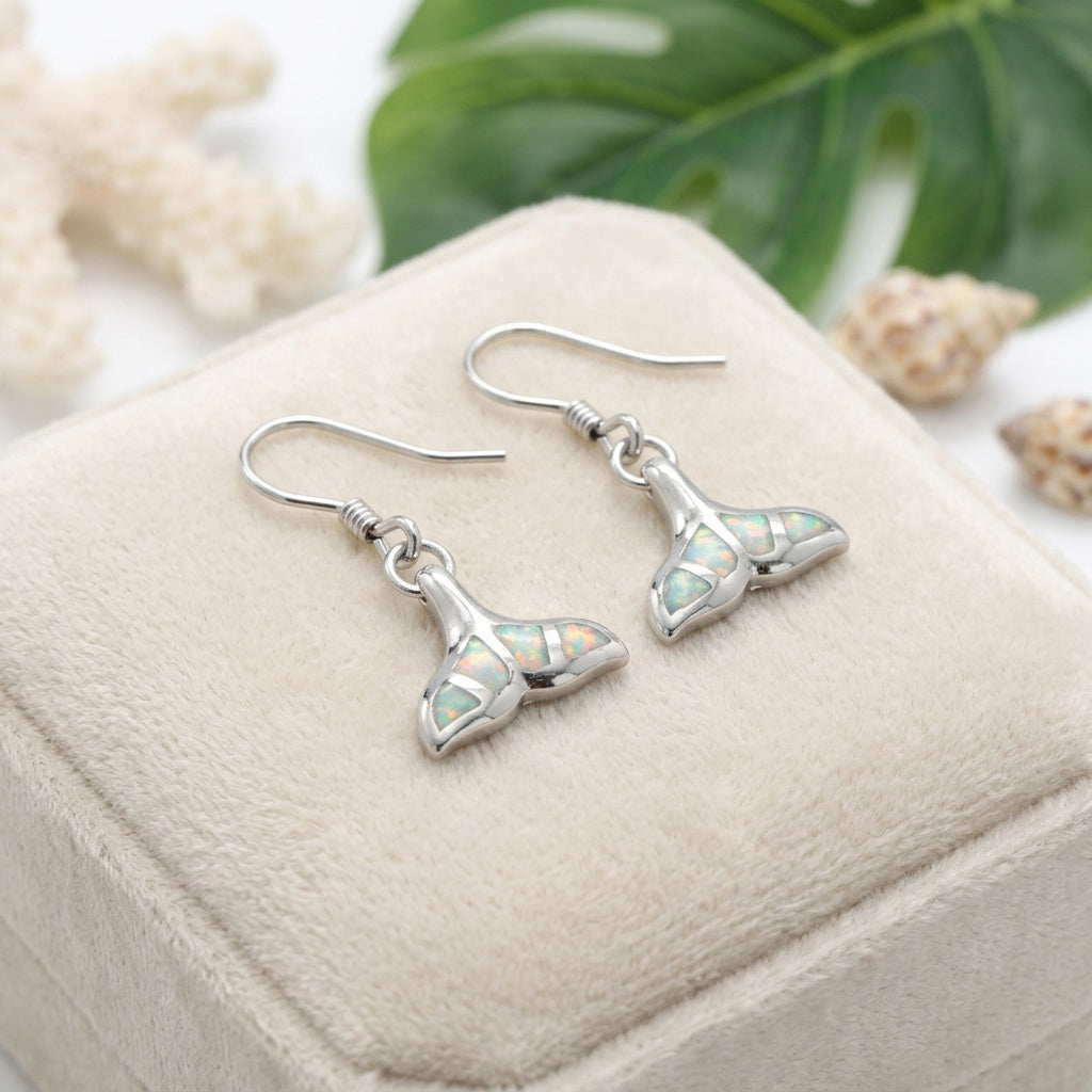 Hawaiian Whale Tail Ribbed Ocean Opal Stone Dangle Earrings - 925 Sterling Silver