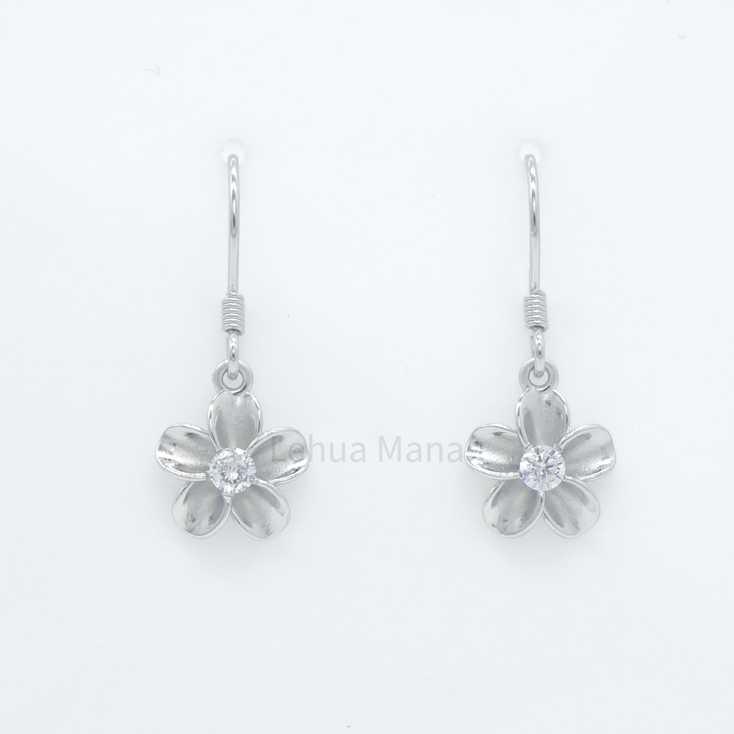925 Sterling Silver Plumeria Flower Dangle Earrings (with Cubic Zirconia)