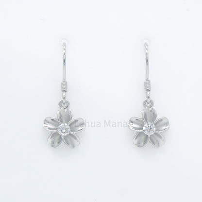 925 Sterling Silver Plumeria Flower Dangle Earrings (with Cubic Zirconia)