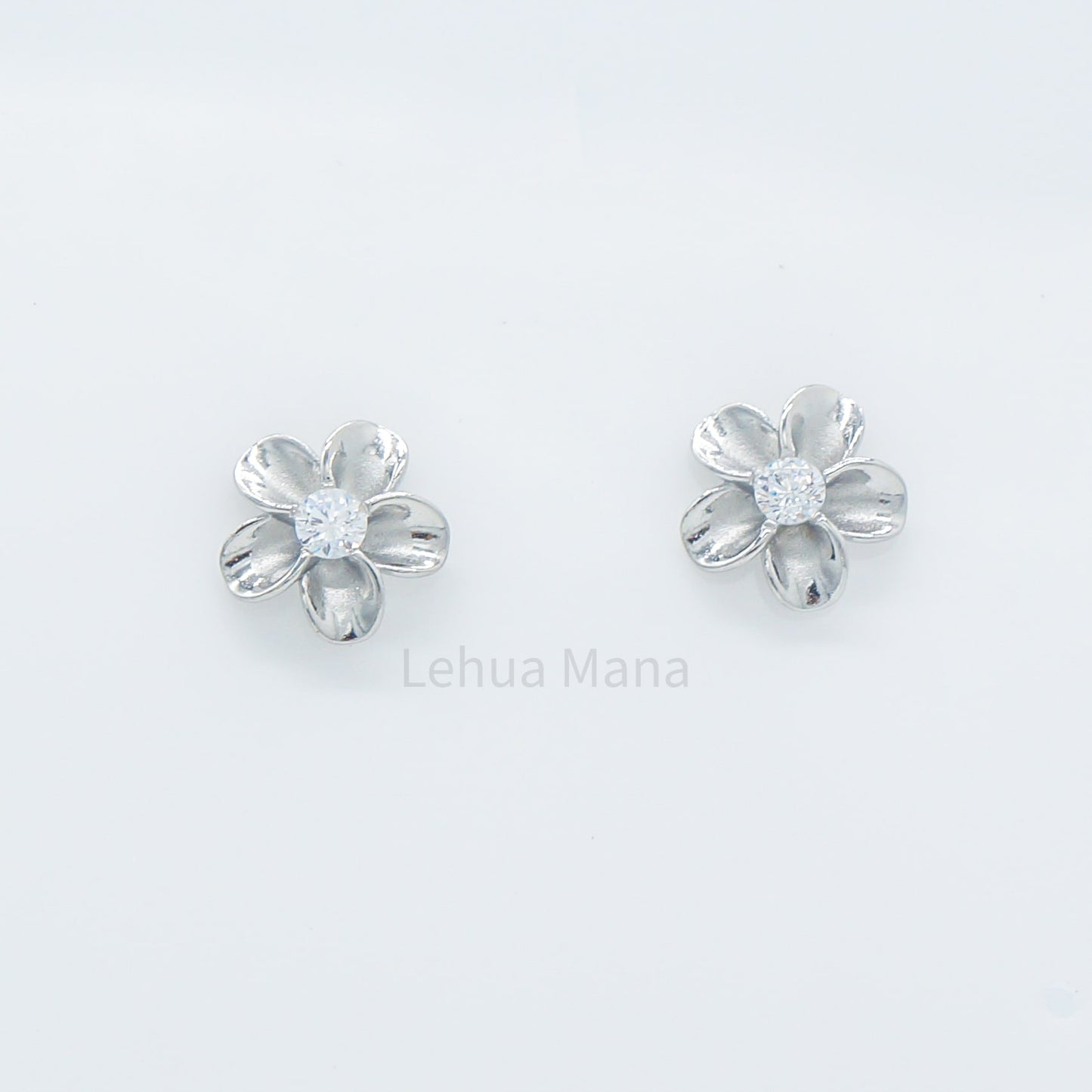 925 Sterling Silver Plumeria Flower Stud Earrings (with Cubic Zirconia)