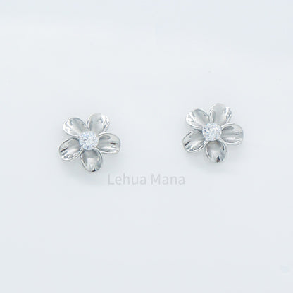 925 Sterling Silver Plumeria Flower Stud Earrings (with Cubic Zirconia)