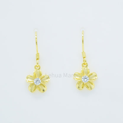 925 Sterling Silver Plumeria Flower Dangle Earrings (with Cubic Zirconia)