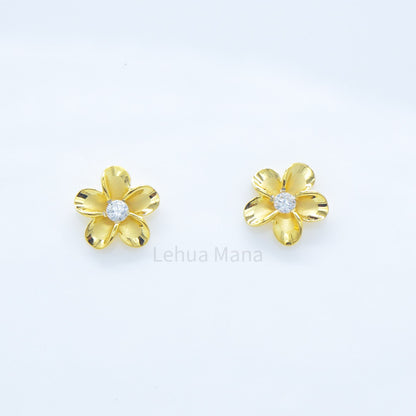925 Sterling Silver Plumeria Flower Stud Earrings (with Cubic Zirconia)