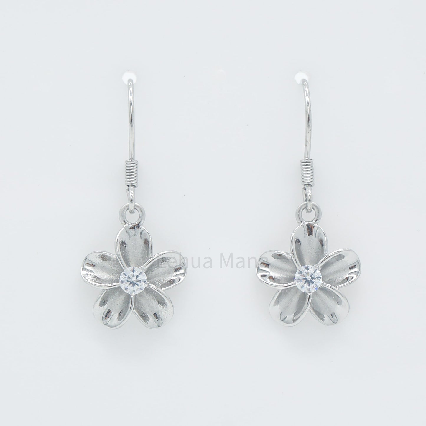 925 Sterling Silver Plumeria Flower Dangle Earrings (with Cubic Zirconia)
