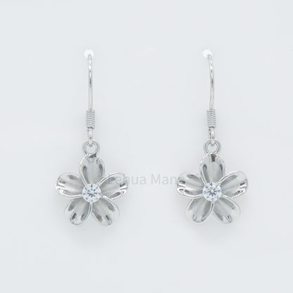 925 Sterling Silver Plumeria Flower Dangle Earrings (with Cubic Zirconia)
