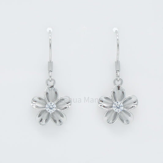 925 Sterling Silver Plumeria Flower Dangle Earrings (with Cubic Zirconia)