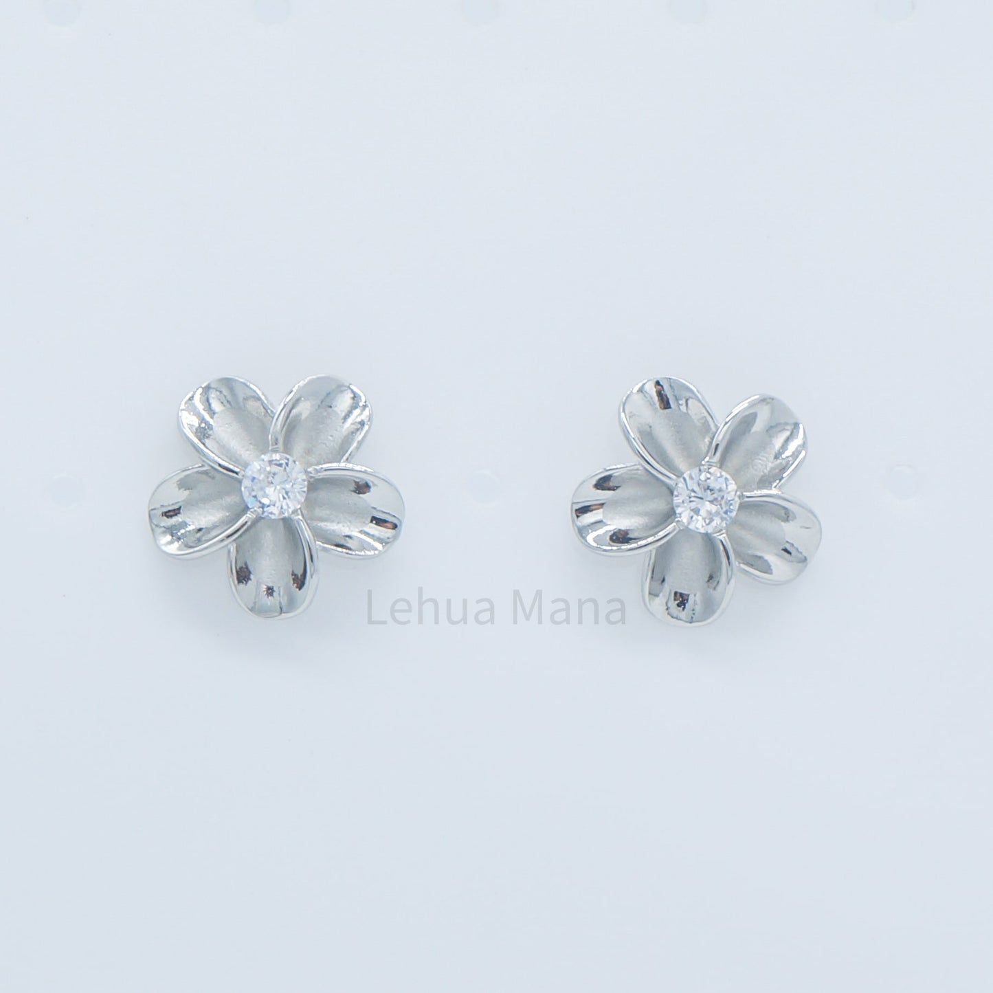 925 Sterling Silver Plumeria Flower Stud Earrings (with Cubic Zirconia)