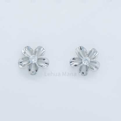 925 Sterling Silver Plumeria Flower Stud Earrings (with Cubic Zirconia)
