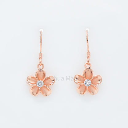925 Sterling Silver Plumeria Flower Dangle Earrings (with Cubic Zirconia)