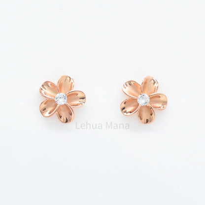 925 Sterling Silver Plumeria Flower Stud Earrings (with Cubic Zirconia)