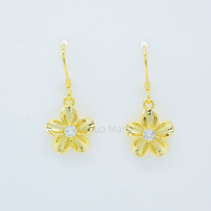925 Sterling Silver Plumeria Flower Dangle Earrings (with Cubic Zirconia)