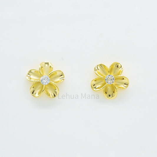 925 Sterling Silver Plumeria Flower Stud Earrings (with Cubic Zirconia)