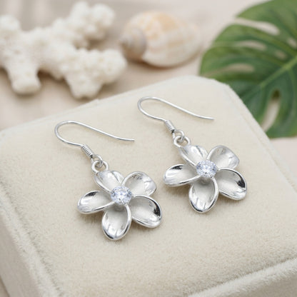 Hawaiian Plumeria Flower CZ Dangle Earrings - 925 Sterling Silver