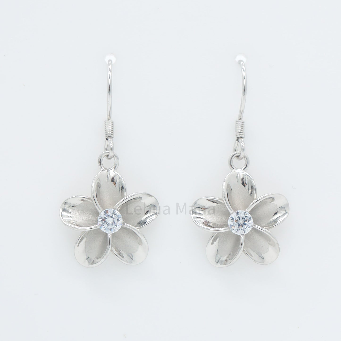 925 Sterling Silver Plumeria Flower Dangle Earrings (with Cubic Zirconia)