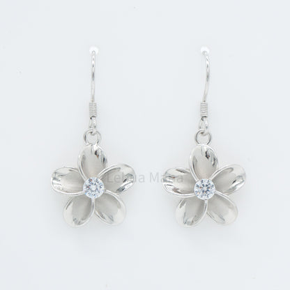 925 Sterling Silver Plumeria Flower Dangle Earrings (with Cubic Zirconia)