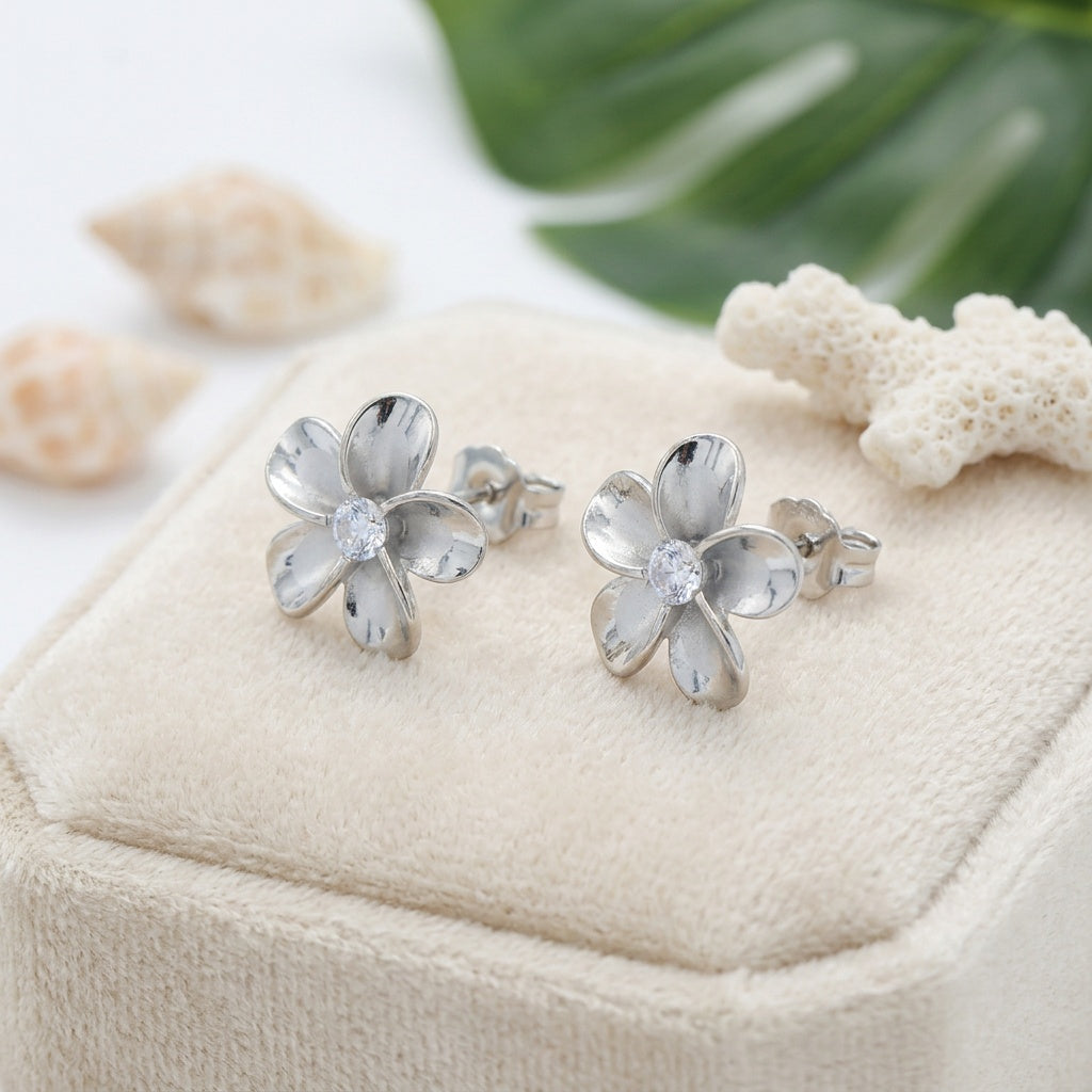 Hawaiian Plumeria Flower CZ Stud Earrings - 925 Sterling Silver