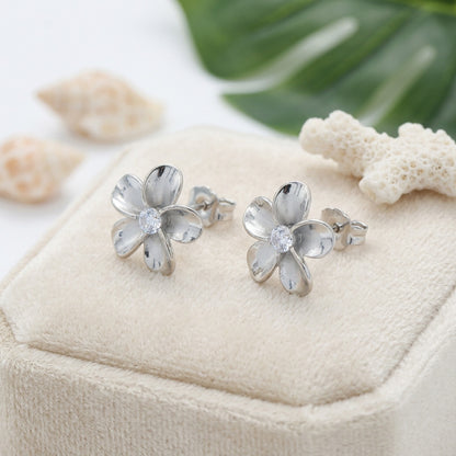 Hawaiian Plumeria Flower CZ Stud Earrings - 925 Sterling Silver