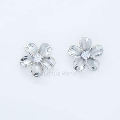 925 Sterling Silver Plumeria Flower Stud Earrings (with Cubic Zirconia)