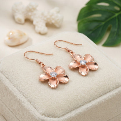 Hawaiian Plumeria Flower CZ Dangle Earrings - 14K Rose Gold Vermeil