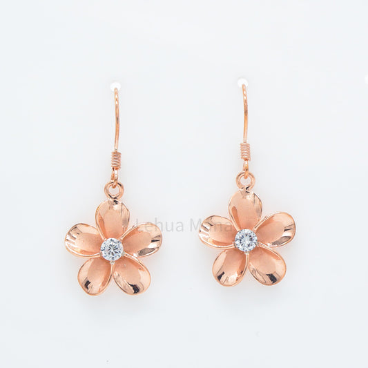 Hawaiian Plumeria Flower CZ Dangle Earrings - 14K Rose Gold Vermeil