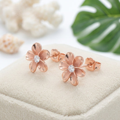 Hawaiian Plumeria Flower CZ Stud Earrings - 14K Rose Gold Vermeil