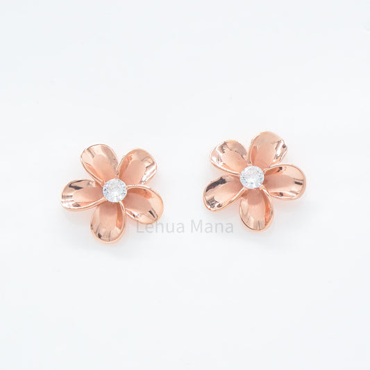 Hawaiian Plumeria Flower CZ Stud Earrings - 14K Rose Gold Vermeil