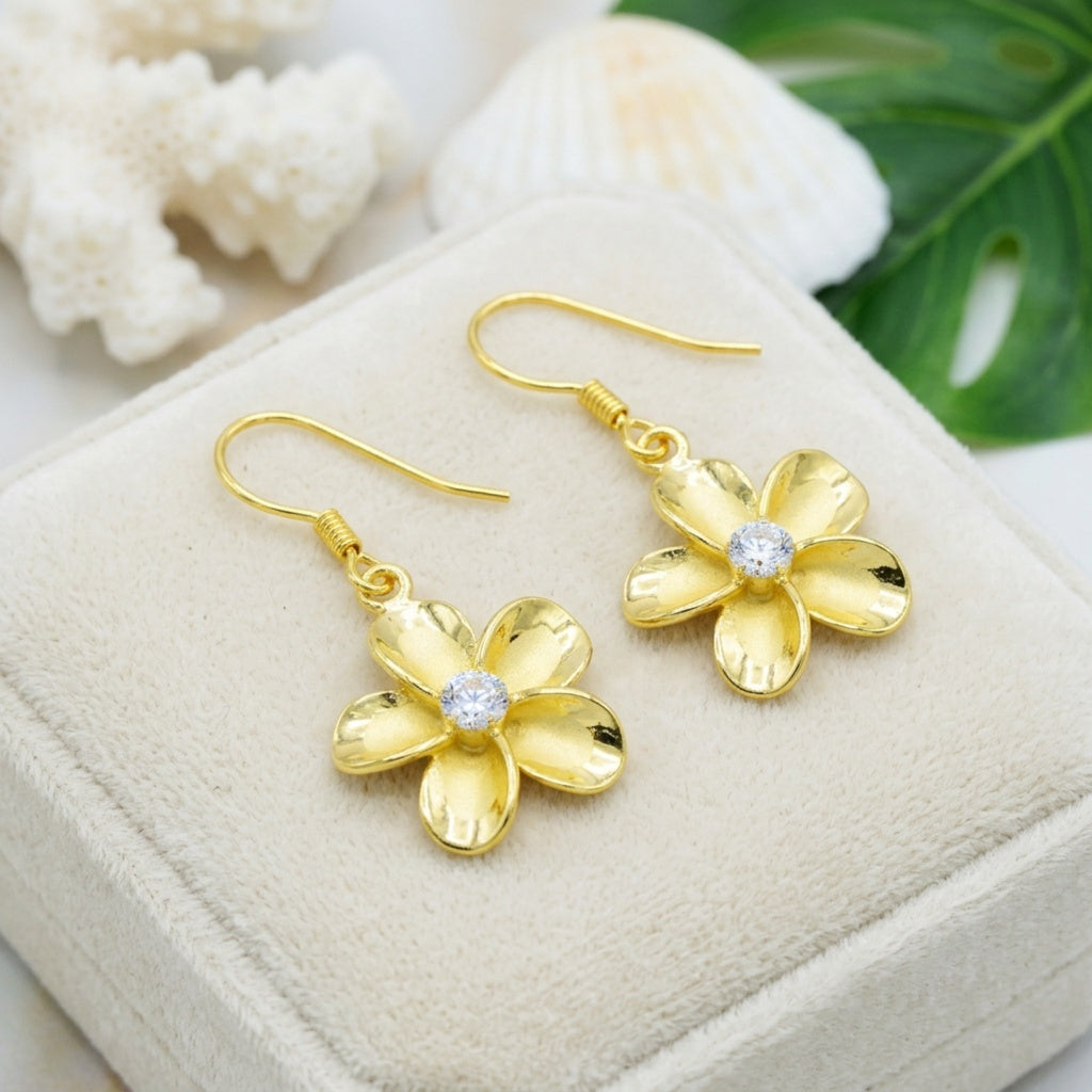 Hawaiian Plumeria Flower CZ Dangle Earrings - 14K Gold Vermeil
