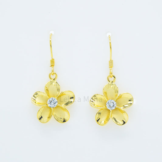Hawaiian Plumeria Flower CZ Dangle Earrings - 14K Gold Vermeil