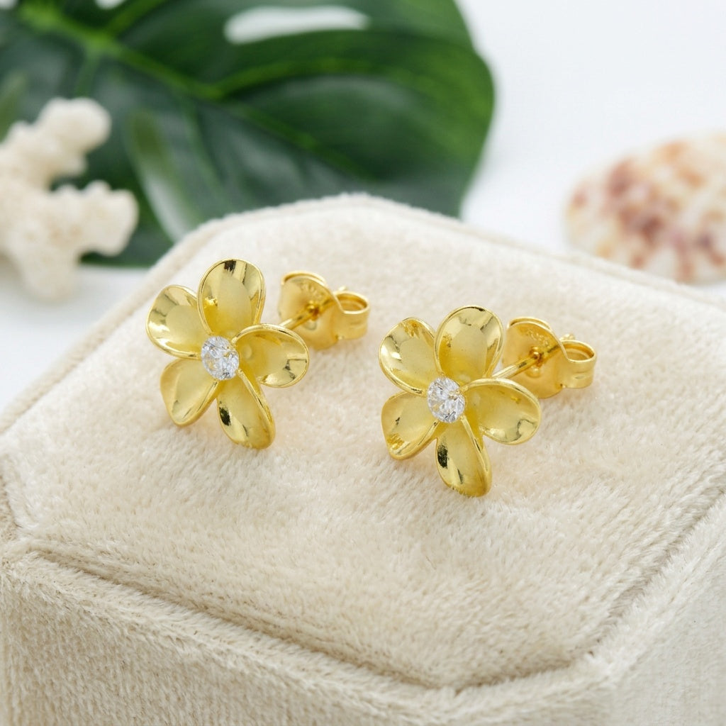 Hawaiian Plumeria Flower CZ Stud Earrings - 14K Gold Vermeil