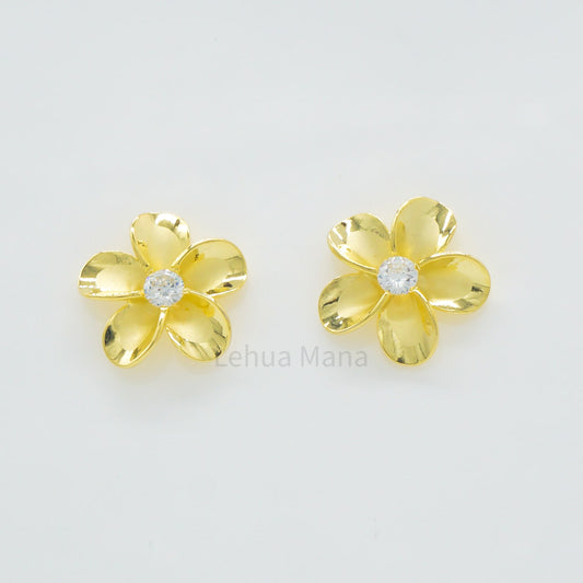 Hawaiian Plumeria Flower CZ Stud Earrings - 14K Gold Vermeil