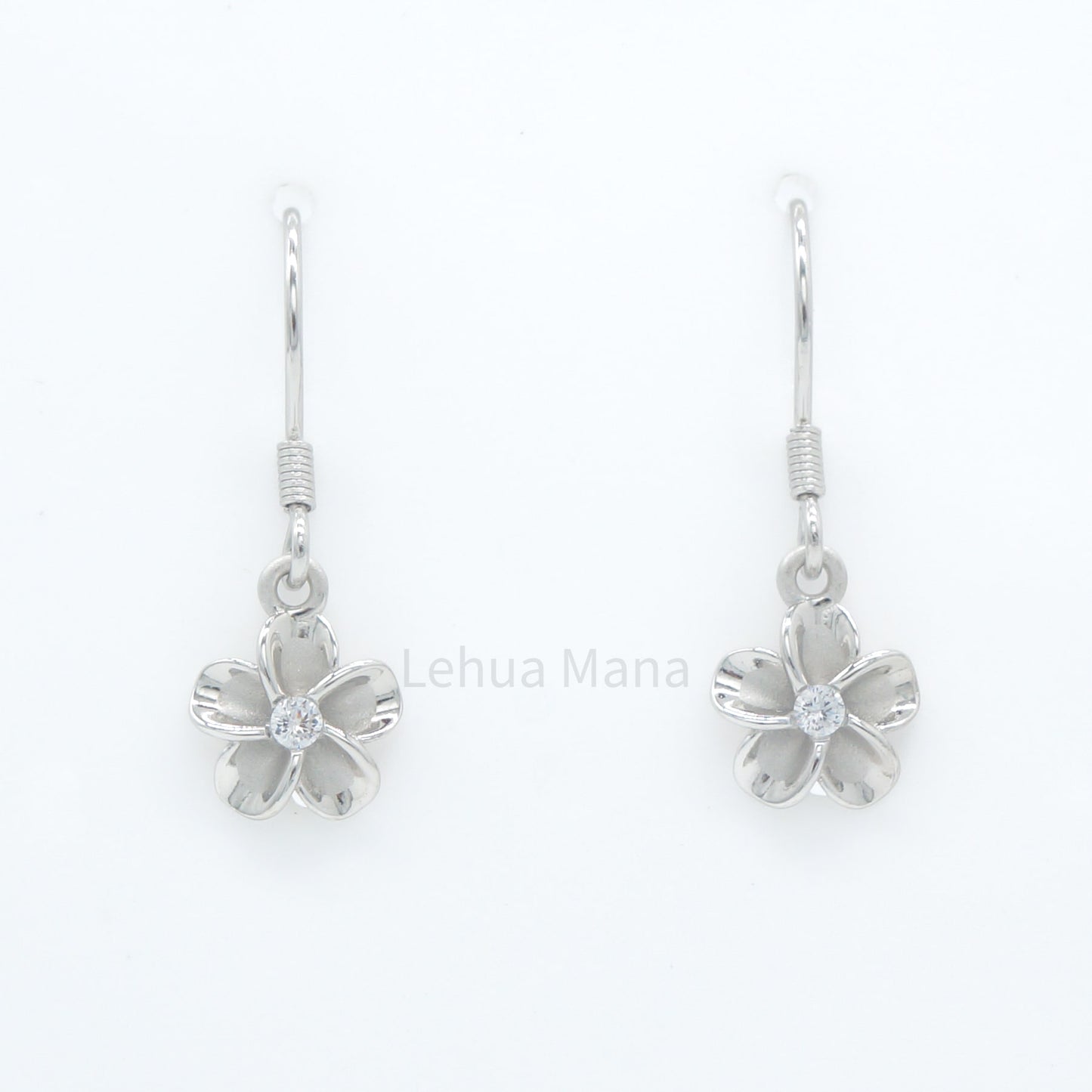 925 Sterling Silver Plumeria Flower Dangle Earrings (with Cubic Zirconia)