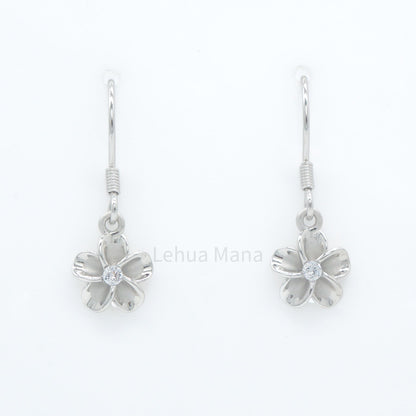 925 Sterling Silver Plumeria Flower Dangle Earrings (with Cubic Zirconia)