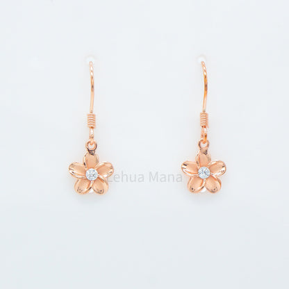 925 Sterling Silver Plumeria Flower Dangle Earrings (with Cubic Zirconia)