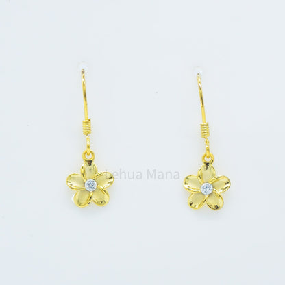 925 Sterling Silver Plumeria Flower Dangle Earrings (with Cubic Zirconia)
