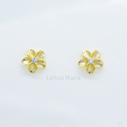 925 Sterling Silver Plumeria Flower Stud Earrings (with Cubic Zirconia)