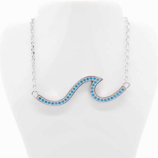 Hawaiian Ocean Wave Blue Topaz Pavé Bar Necklace - 925 Sterling Silver