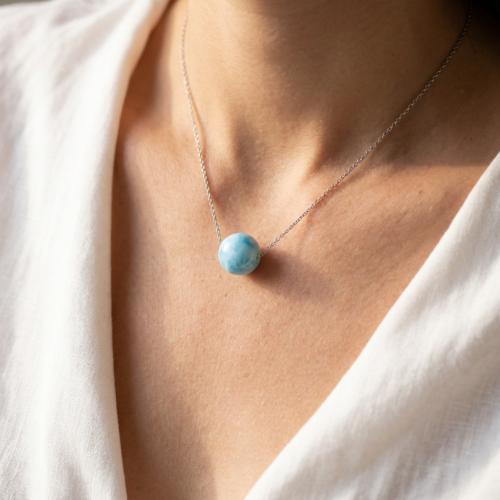 Hawaiian Ocean Larimar Stone Round Ball Solitaire Slider Necklace - 925 Silver & 14K Gold
