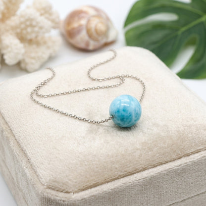 Hawaiian Ocean Larimar Stone Round Ball Solitaire Slider Necklace - 925 Silver & 14K Gold