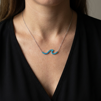 925 Sterling Silver Opal Stone Ocean Wave Necklace