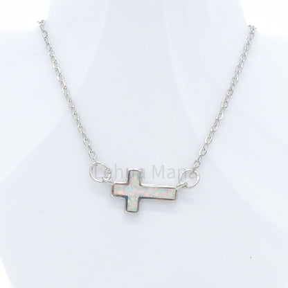 925 Silver Opal Cross Necklace, Opal Necklace, 925 Sterling Silver Jewelry, Cross Necklace