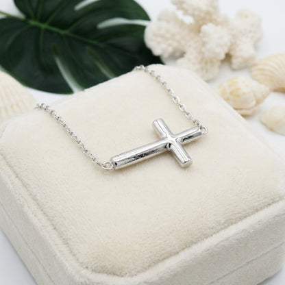 Minimalist Sideways Cross Horizontal Bar Necklace - 925 Sterling Silver