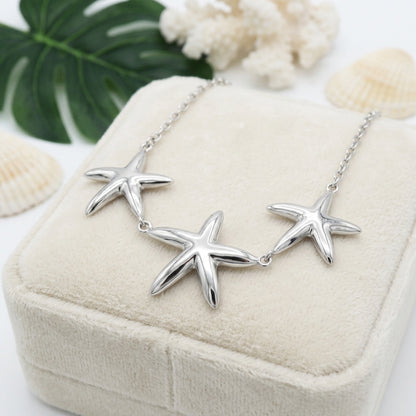 Hawaiian Triple Starfish Ocean Beach Bar Necklace - 925 Sterling Silver