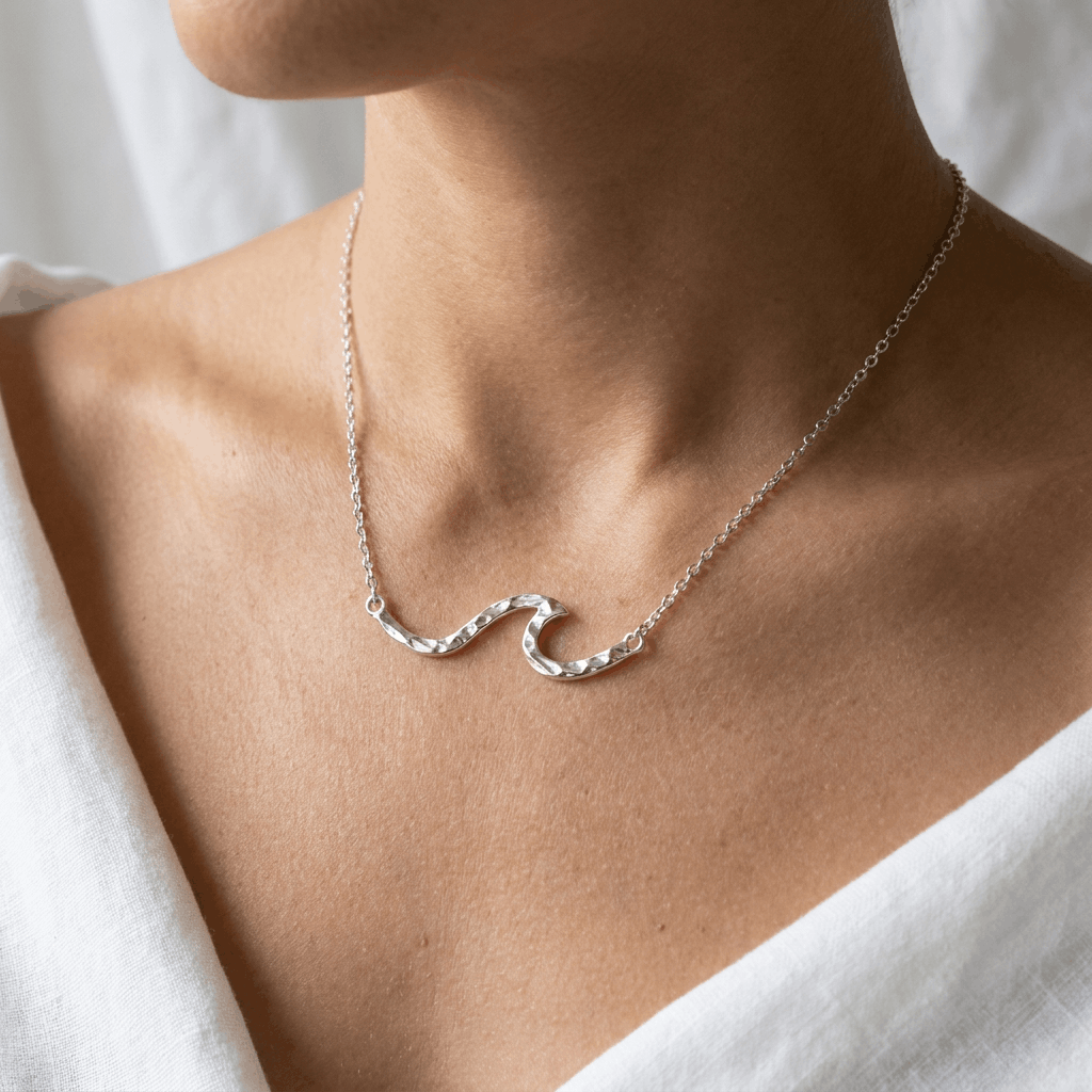 Hawaiian Ocean Wave Hammered Bar Necklace - 925 Sterling Silver