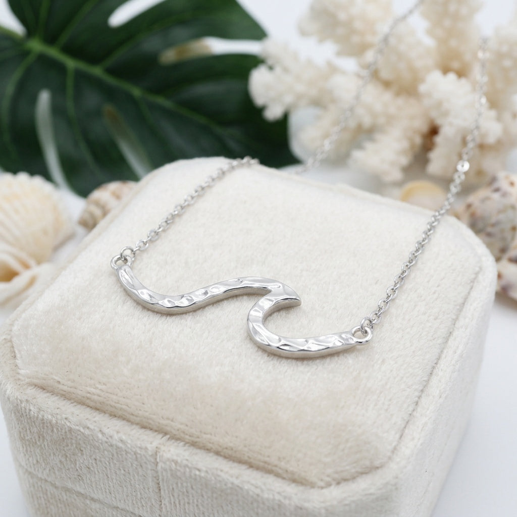 Hawaiian Ocean Wave Hammered Bar Necklace - 925 Sterling Silver