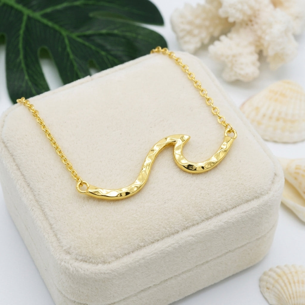 Hawaiian Ocean Wave Hammered Bar Necklace - 925 Sterling Silver