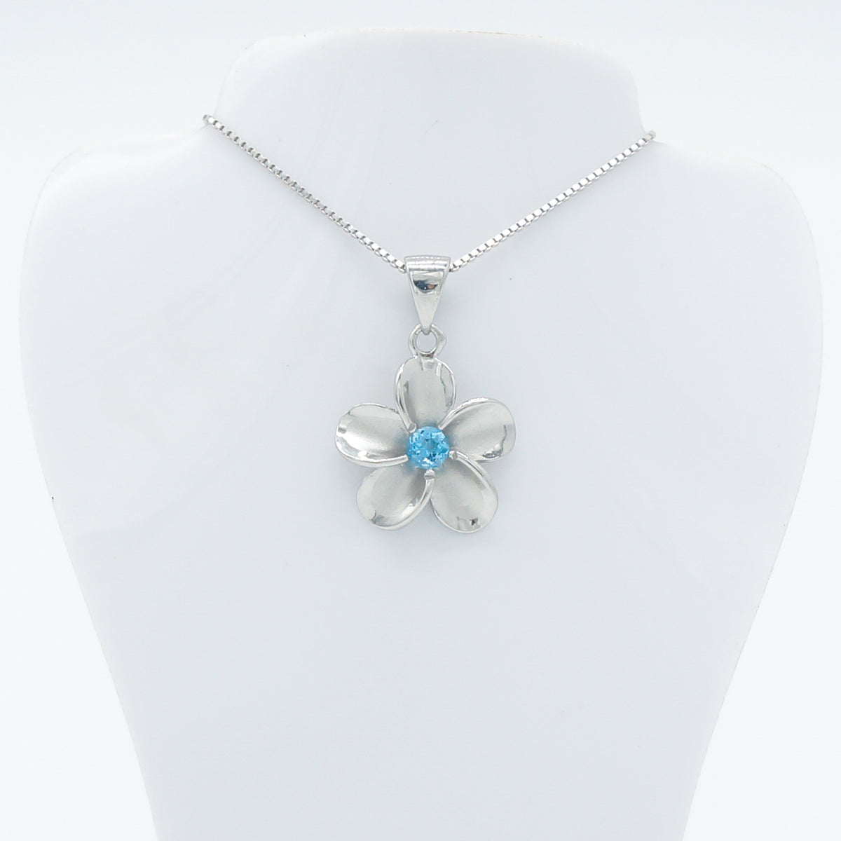 Hawaiian Plumeria Flower Blue Topaz Gemstone Pendant Necklace - 925 Sterling Silver