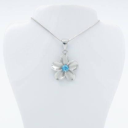 Hawaiian Plumeria Flower Blue Topaz Gemstone Pendant Necklace - 925 Sterling Silver