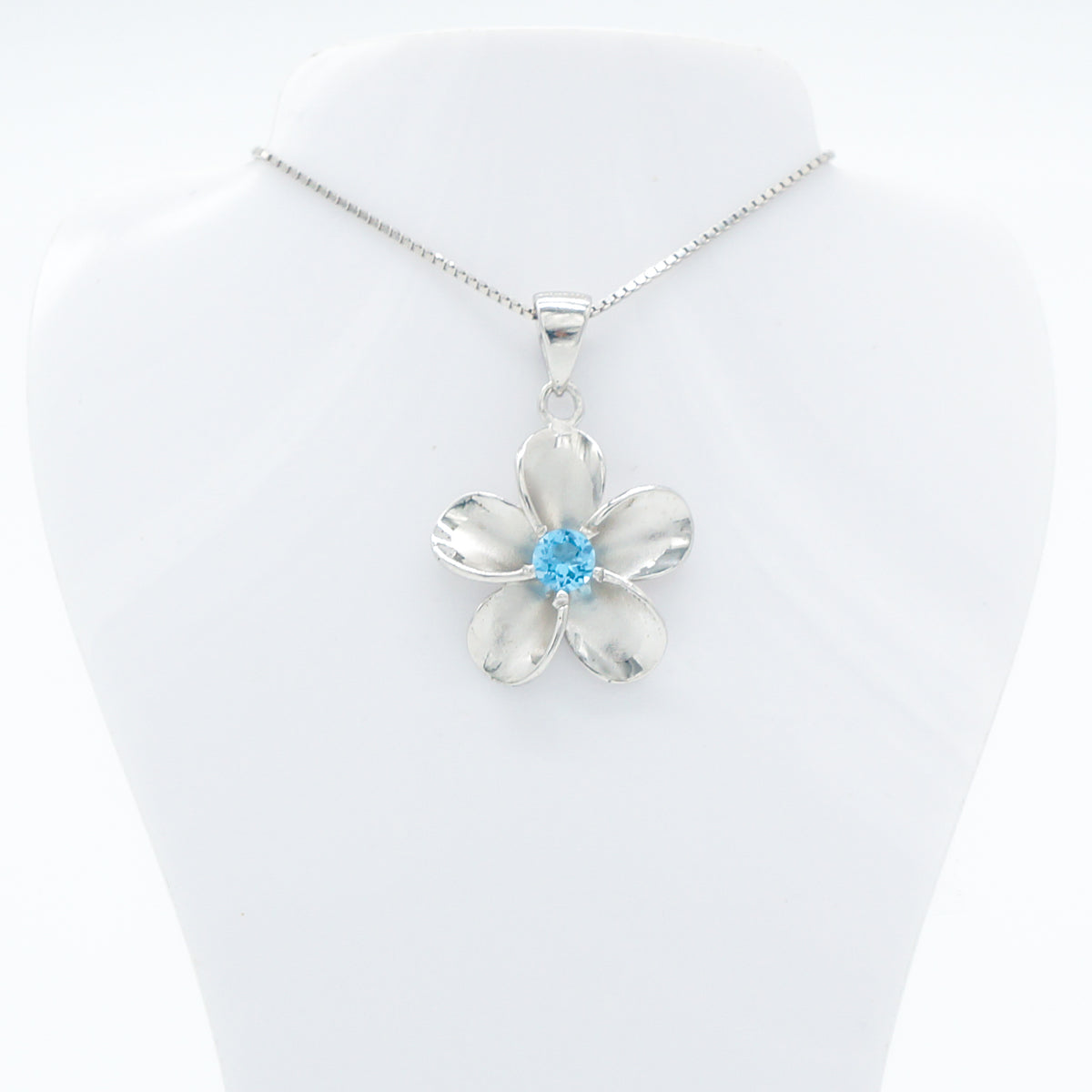 Hawaiian Plumeria Flower Blue Topaz Gemstone Pendant Necklace - 925 Sterling Silver